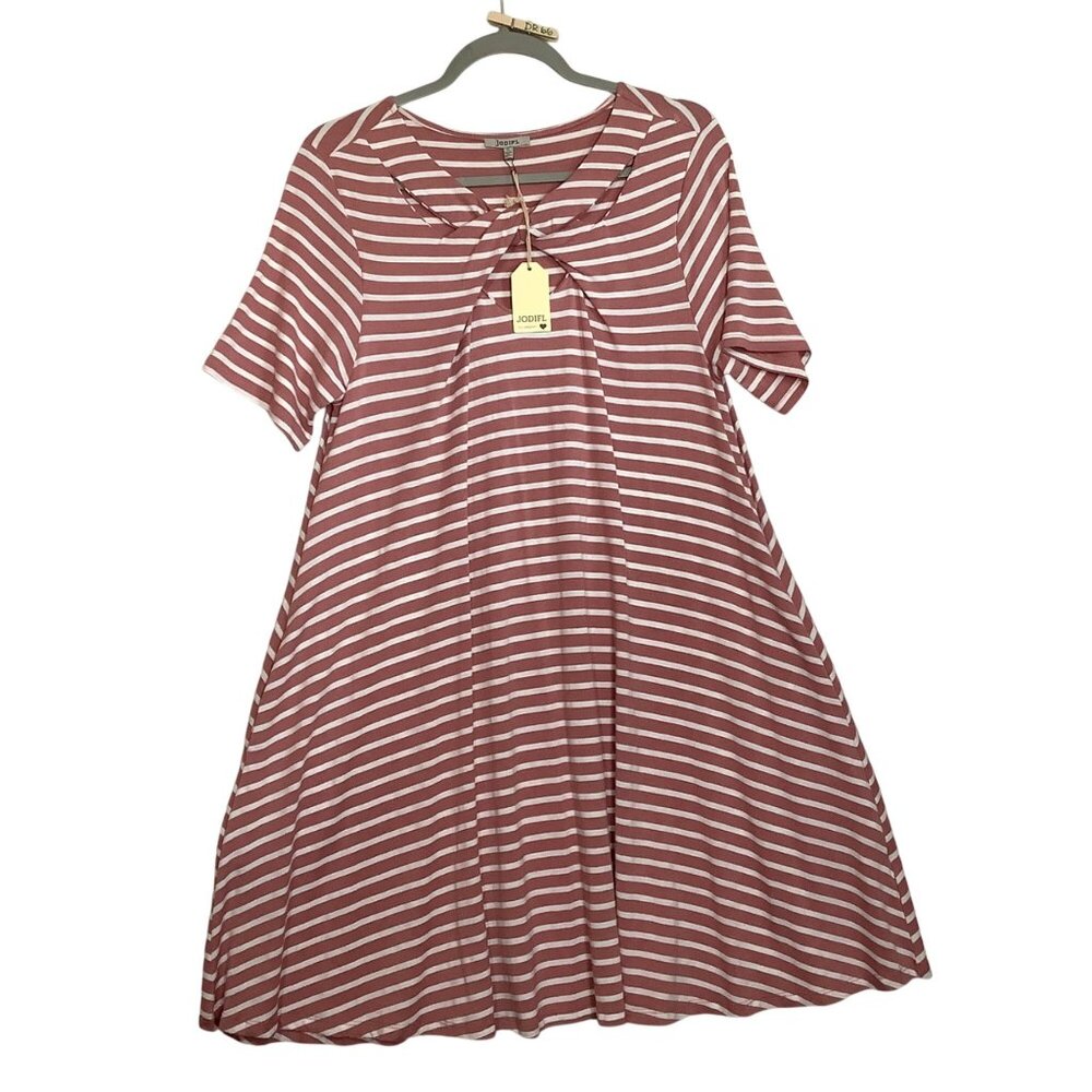 JODIFL Striped Pink White Short-Sleeve A-Line Dress Women Small Keyhole NEW NWT‎